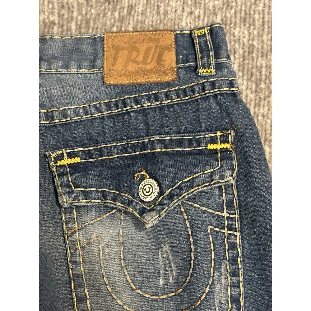 TRUE RELIGION Jeans Mens 36x33 Straight Leg Blue Denim Yellow Stitching